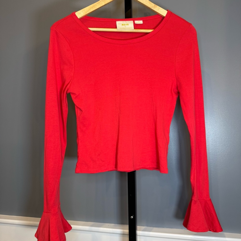 Maeve Anthropologie Red Bell Sleeve Top Small Cotton‎ Crop Blouse